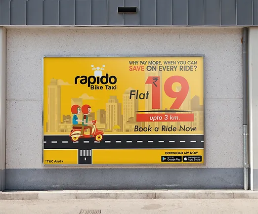 "Rapido bike taxi service banner designed by doitcreation.com – fast, affordable rides with vibrant visuals"
