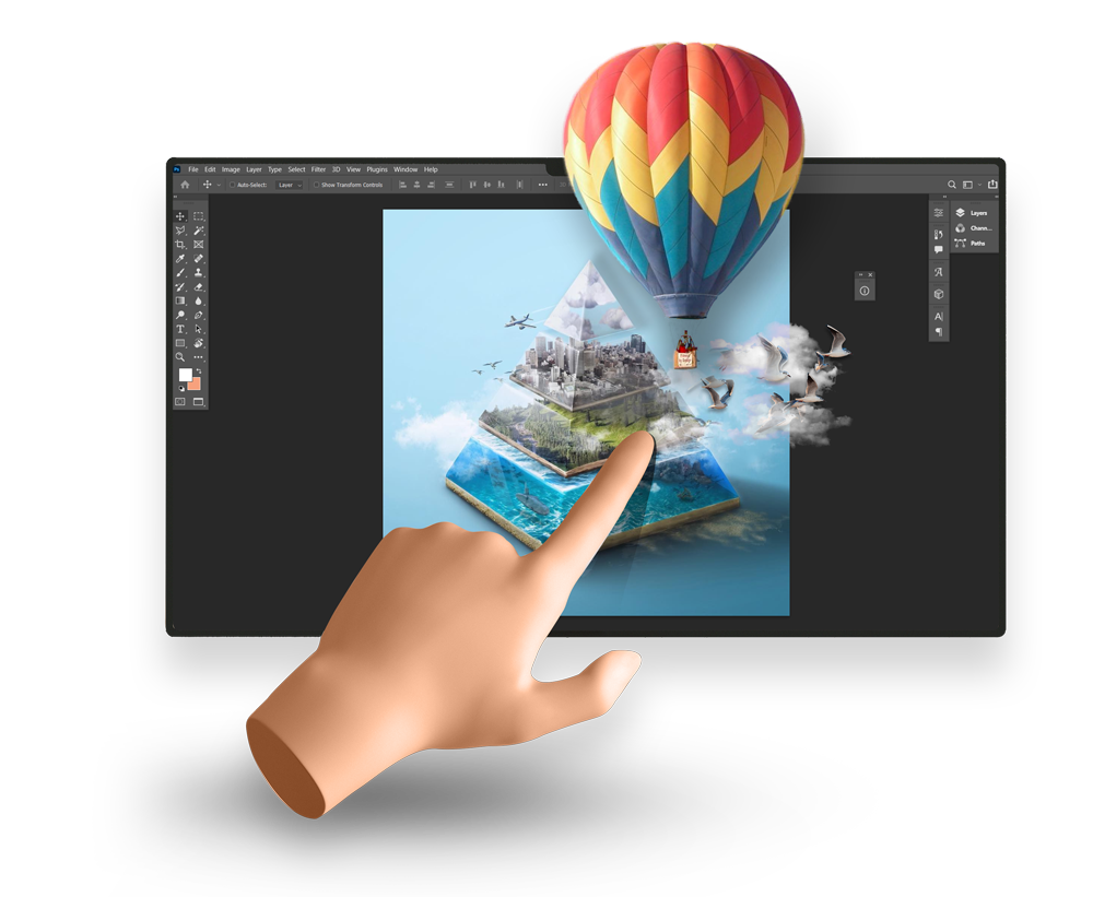 "Creative graphic design workspace with digital tools and colorful artwork on screen"