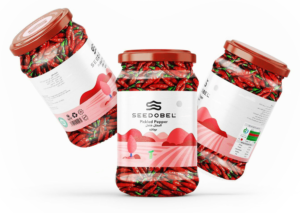 "Glass jar of pickled chili peppers preserved in vinegar and spices – gourmet condiment"